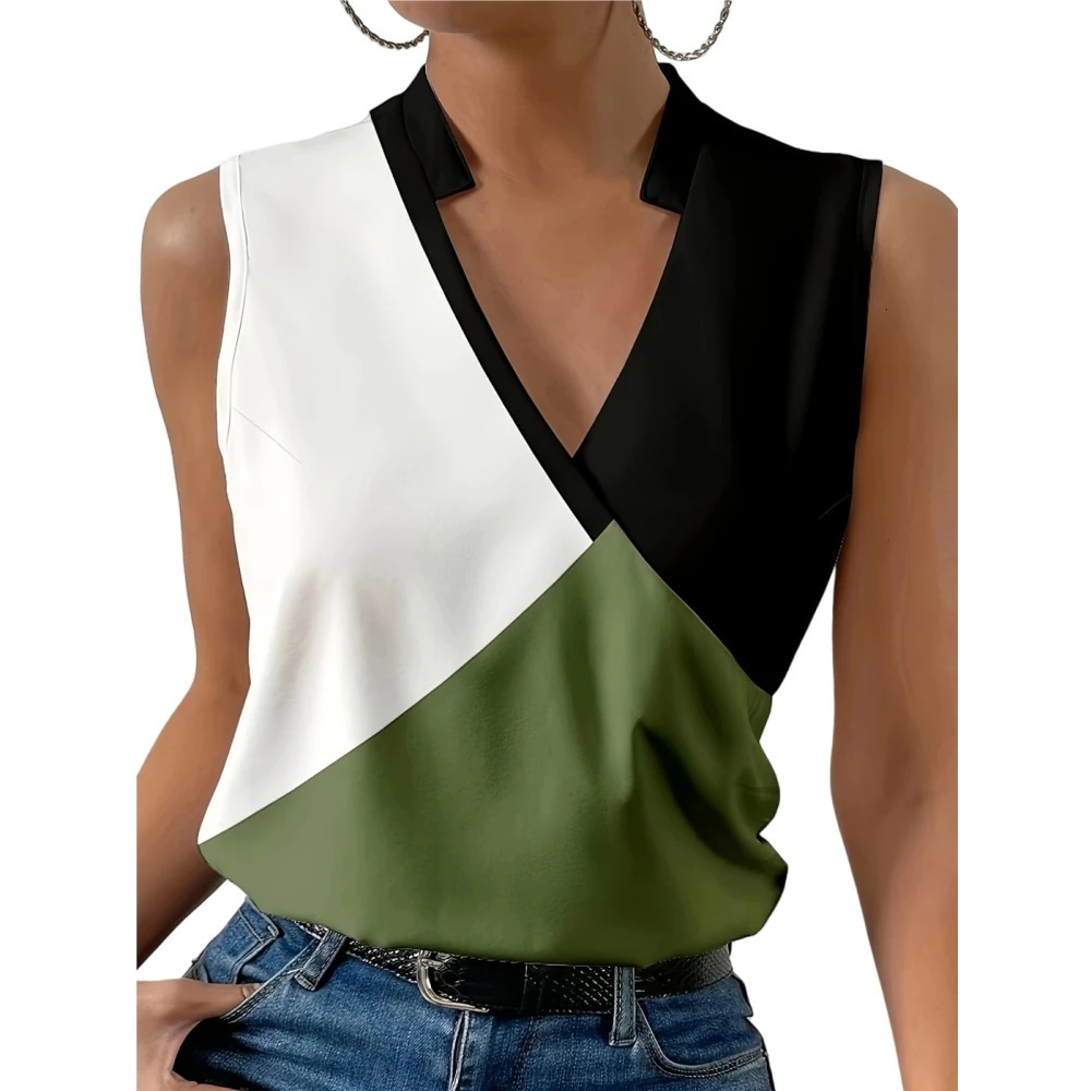 Plus Size Womens Elegant Colorblock VNeck Sleeveless Vest Polyester Loose Solid Color Pullover Suitable for Weekend Leisure 250515