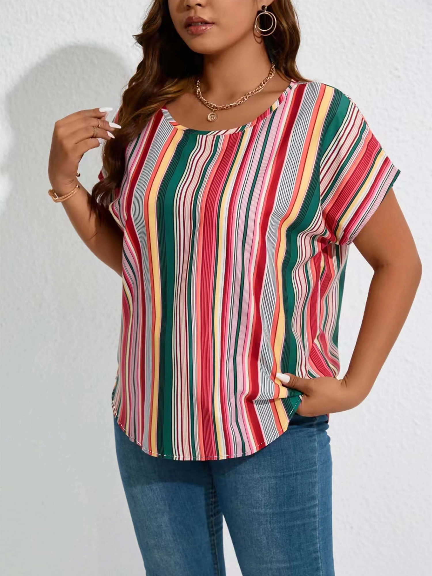 Plus Size Women Striped Print Batwing Sleeve O-neck T-shirt 250515