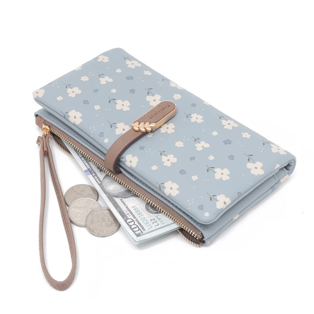 Women Long Wallet Cute Leaf Flower Pattern Zipper Coin Purse Ladies ID Credit Card Holder PU Small Clutch Money Bag 250514
