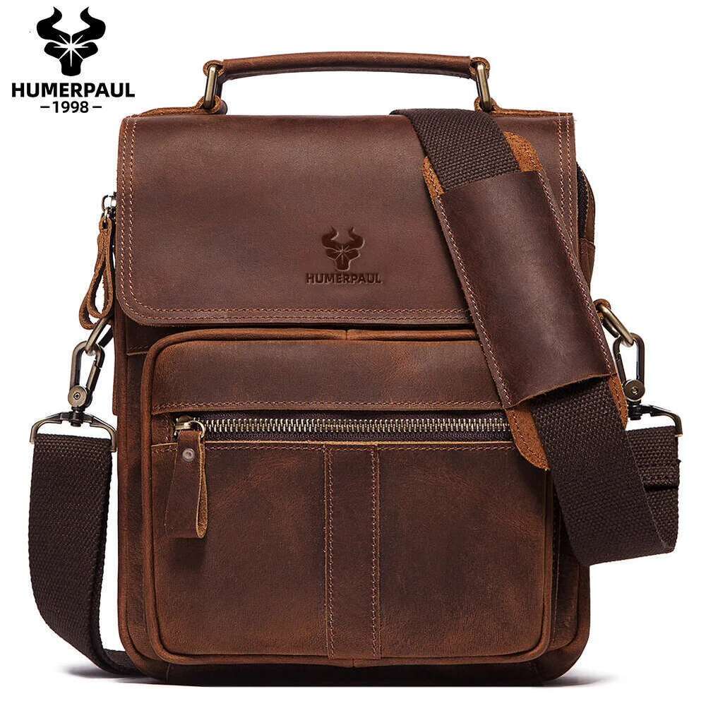 HUMERPAUL Genuine Leather Men's Shoulder Bag Work Business Messenger Bags Fashion Male Crossbody With Adjustable Straps