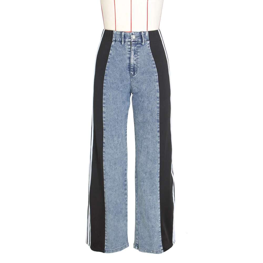 Sideseam Striped Wide Leg Jeans Women High Waist Stretch Denim Pants Patchwork Colorblock Straight Trouser
