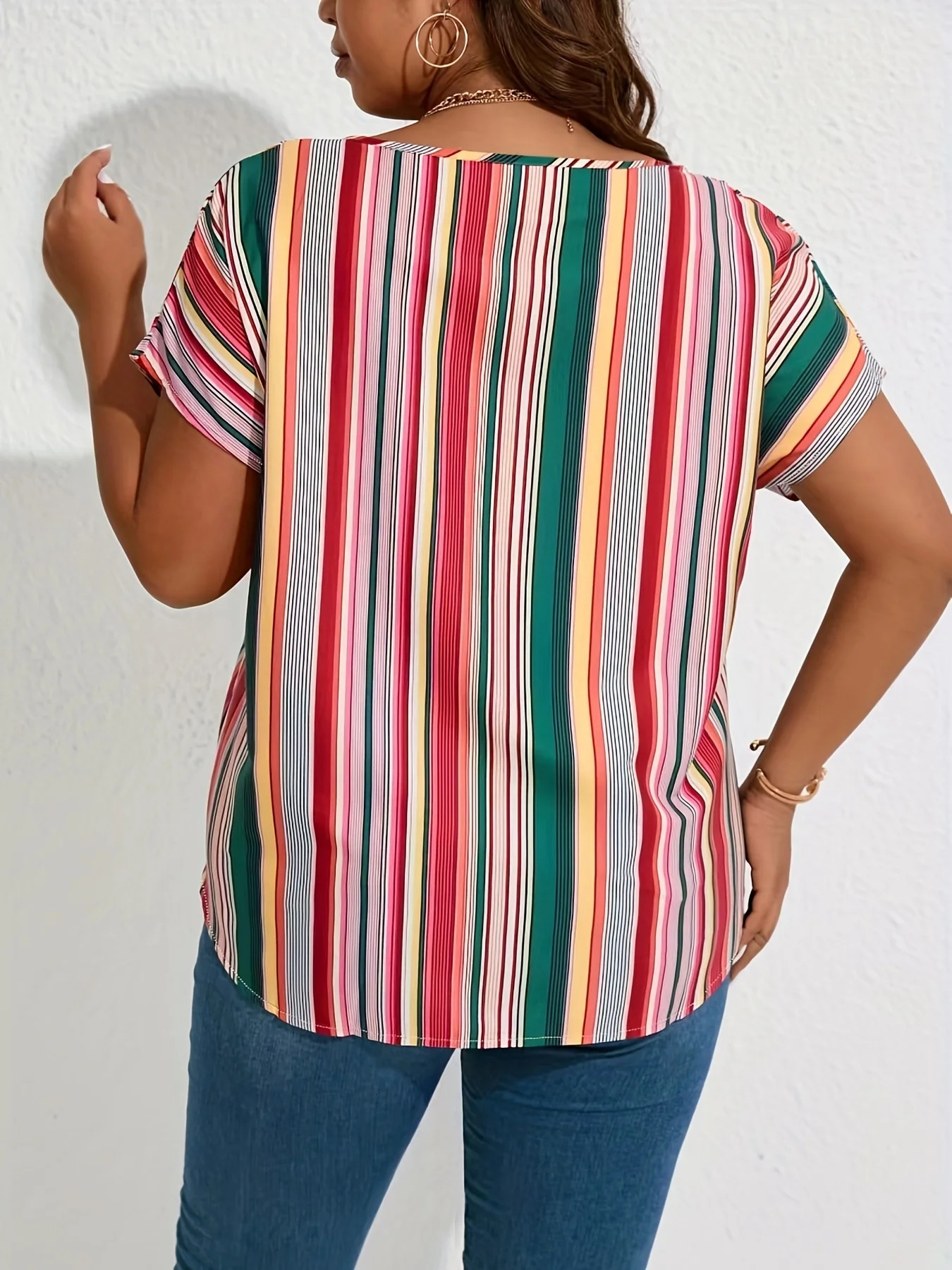 Plus Size Women Striped Print Batwing Sleeve O-neck T-shirt 250515
