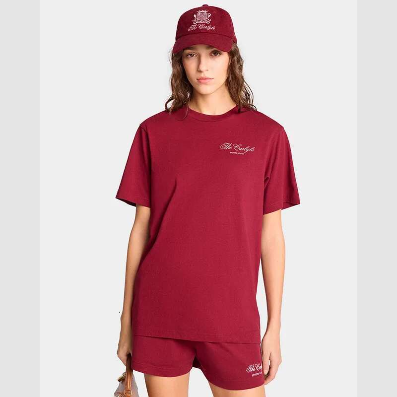 Summer New North American Niche Letter Printed Wine Red Cotton Round Neck Women's Short Sleeved Sports T-Shirt