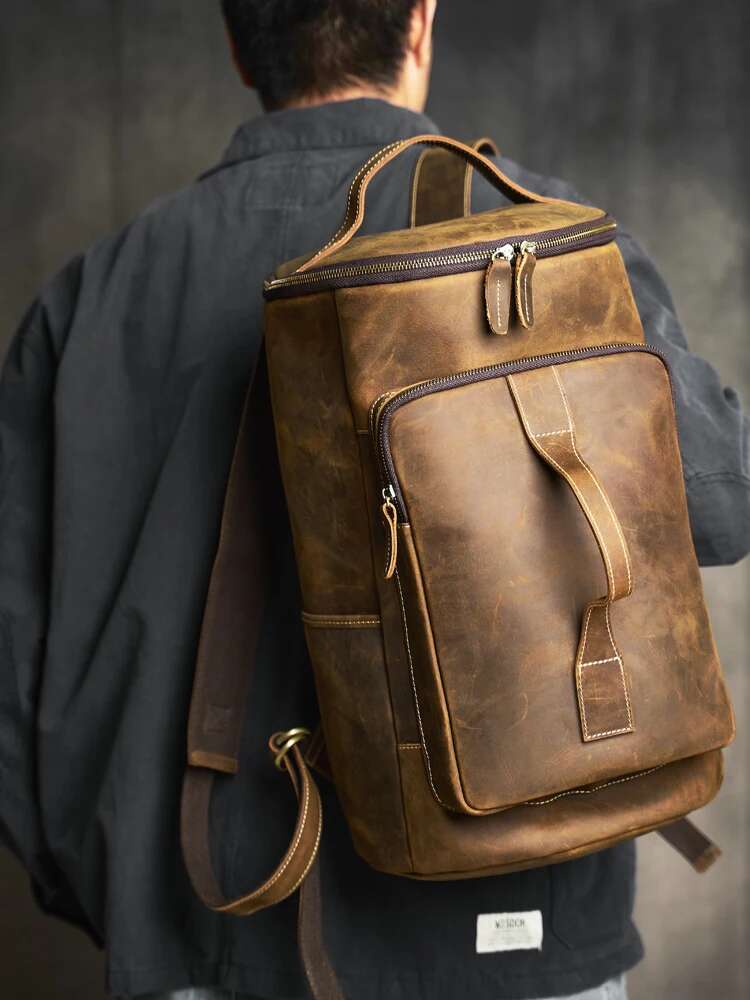 Genuine Leather Men's Backpack Retro Outdoor Gym bag Cylinder Handbag Camping Commuter Laptop Bag