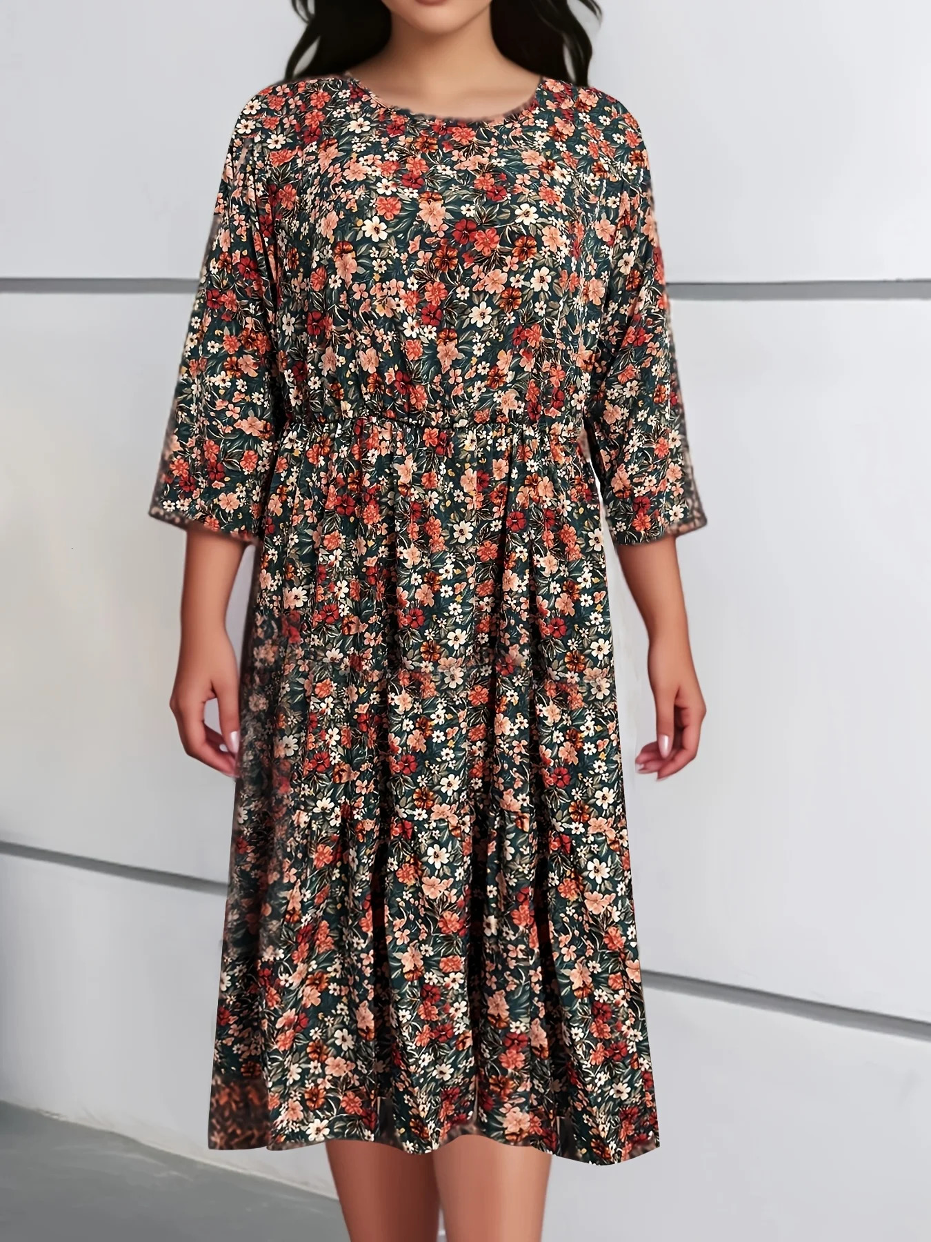 Plus Size Womens Pleated Floral Round Neck Casual Midi Dress with Fringe Detail Polyester 3/4 Sleeves Ruffle Hem Dress 250509