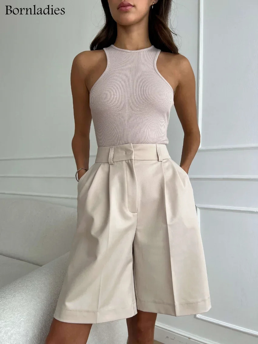 Bornladies Summer High Waist Shorts for Women Casual Loose Wide Leg Solid Shorts Female Short Pants Y2k Booty Shorts 250514