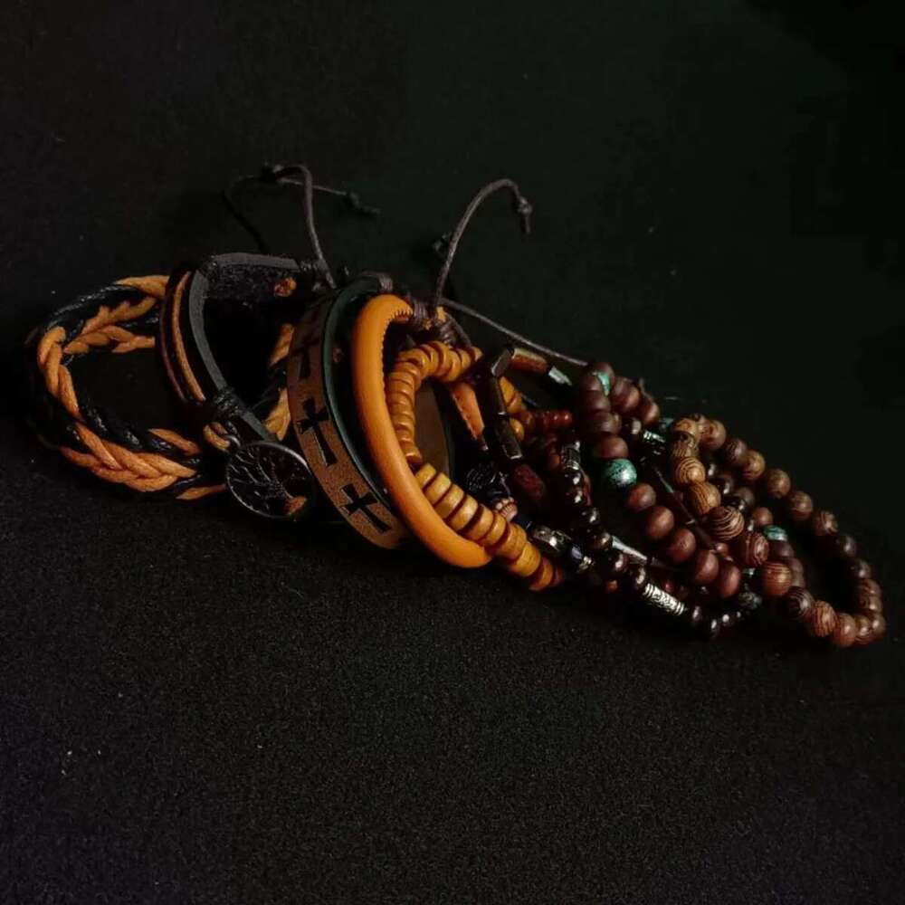 Khaki Tree 10 Pcs/Set Black Wrap Woven Fashion Handmade Male Women Leather Bracelets Men Bangle Wholesale Jewelry