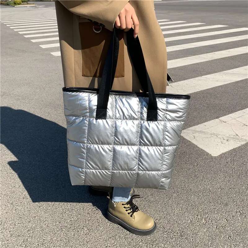 Waterproof Tote For Women Puffer Cotton Padded Shoulder Large Capacity Ladies Handbags Quilted Work Commute Shopping Bag