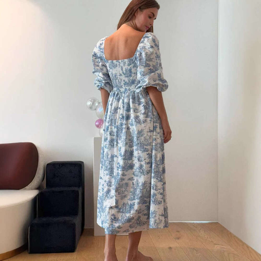 Spring summer new women's clothing, waist cinching slimming, lace up long skirt, printed and wrapped dress