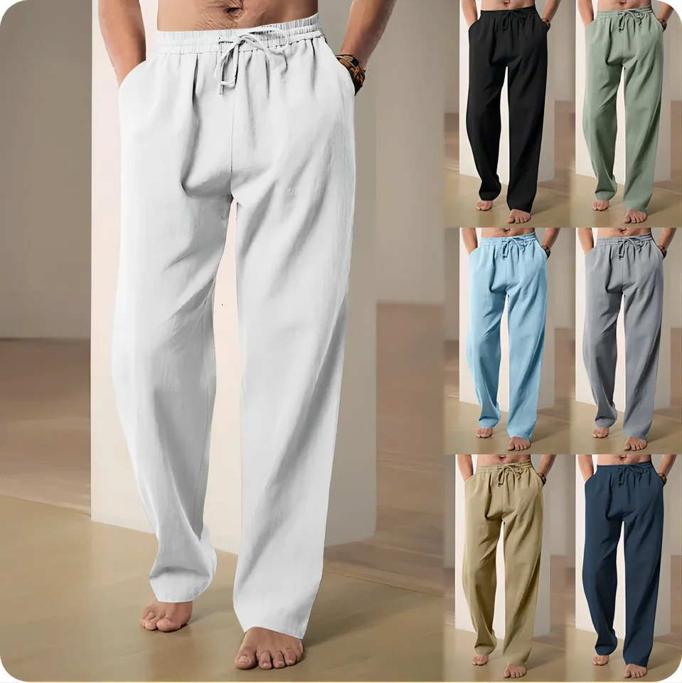 Mens Beach Solid Color Pants Joggers Streetwear Cotton Linen Sweatpants Casual Hawaiian Vacation Loose Summer Long S4XL 250515