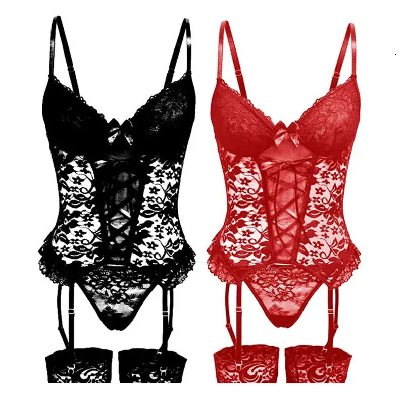 Sexy Lingerie Set Hollow Lace Bra And Thong Panty Garters Womens Underwear Sexy Costumes Erotic Lingerie 250515