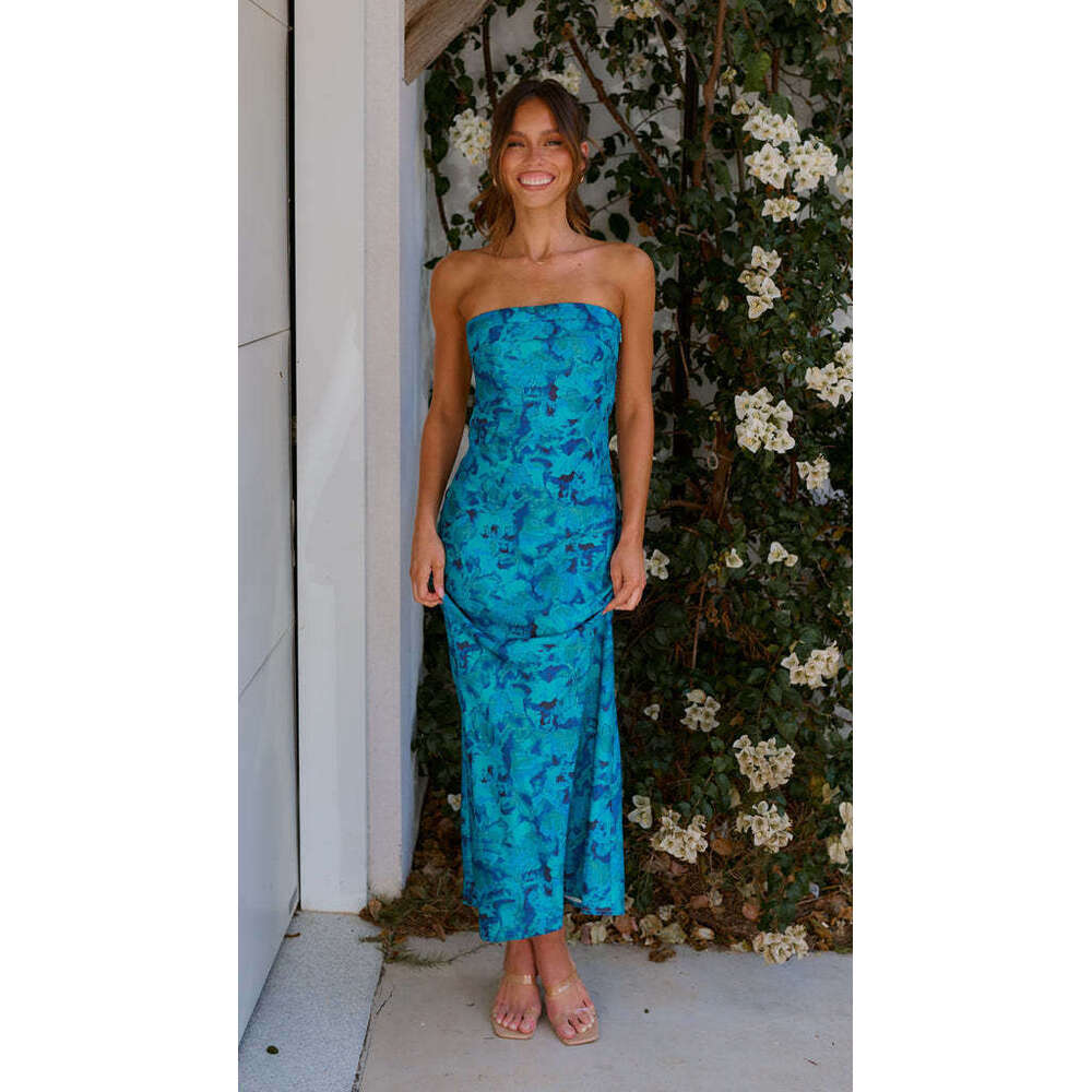White Dress Maxi Dress 2025 Spring/Summer New Style Elegant Satin Backless Strapless Dress Printed KQ