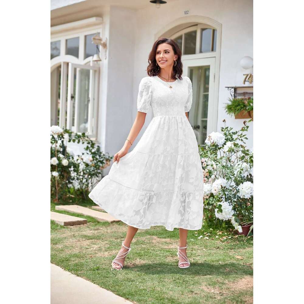 White Dress Maxi Dress 2024 Summer Women's Round Neck Folded Bubble Sleeves Layered Flower Dress KQ