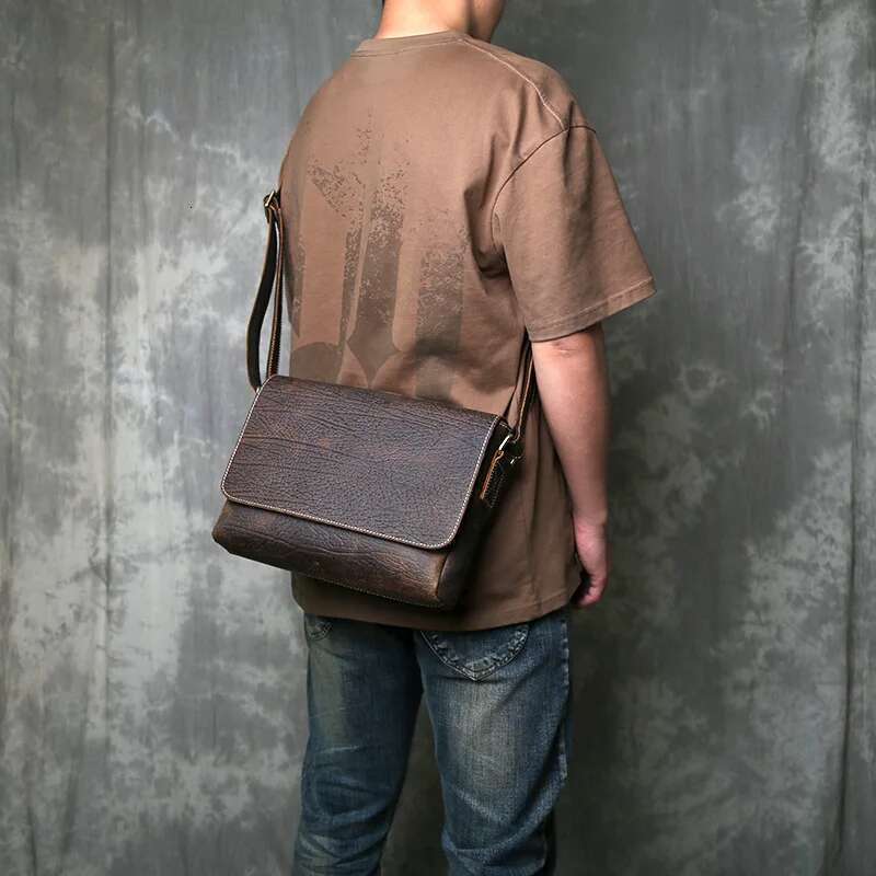 Men's Tree Patterned Retro Top Layer Cowhide Genuine Leather Mailman Shoulder Crossbody Official Document Men Bag