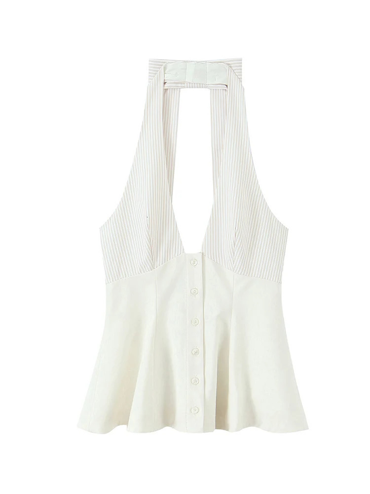 TFMLN Fashion Women Bow Backless Tank Top Casual Vneck Striped Patchwork Sleeveless Halter Tops Summer Slim 250515