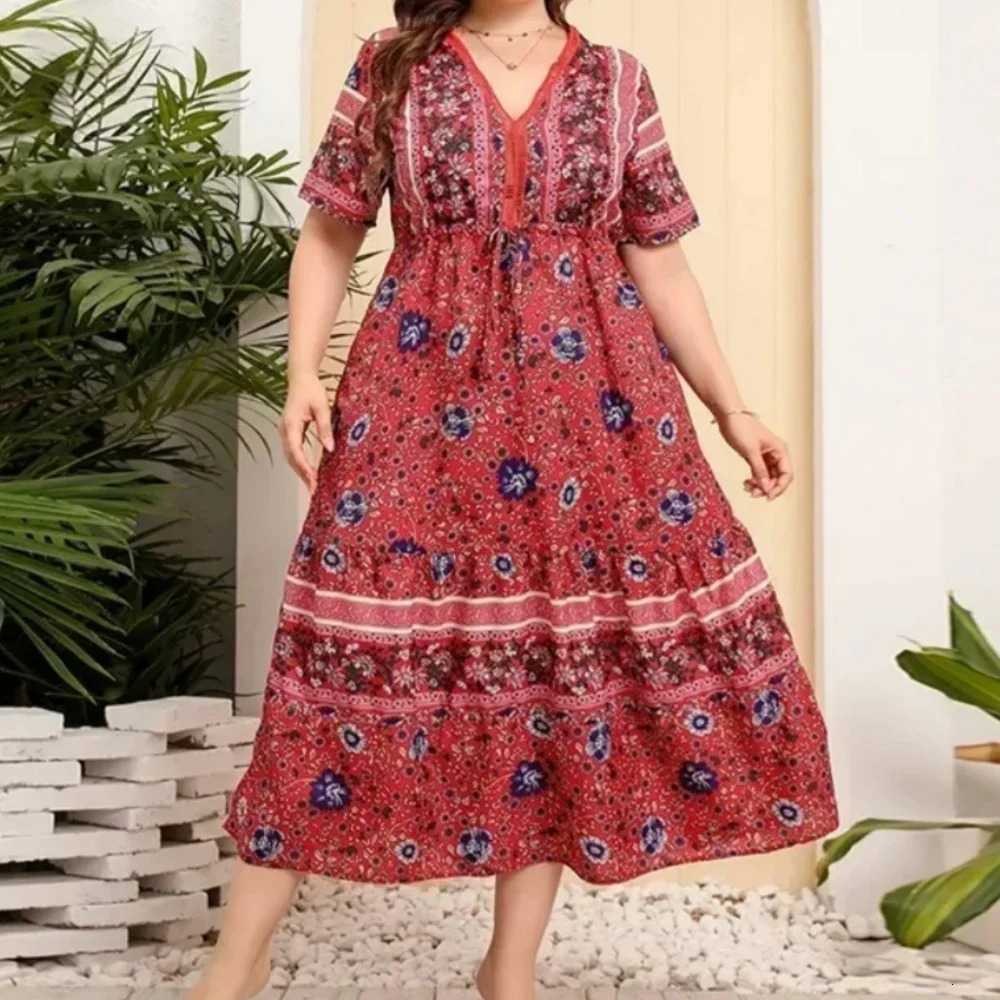 Womens L4XL Plus Size selling oversized retro floral dress with bohemian lace Vneck long skirt plus size womens clothing 250506