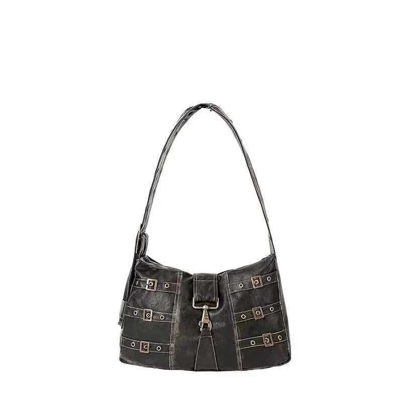 American Retro Punk Pu Leather Handbag Metal Button Shoulder Bags Tote Woman Large Capacity Commuting Storage Bag Purse