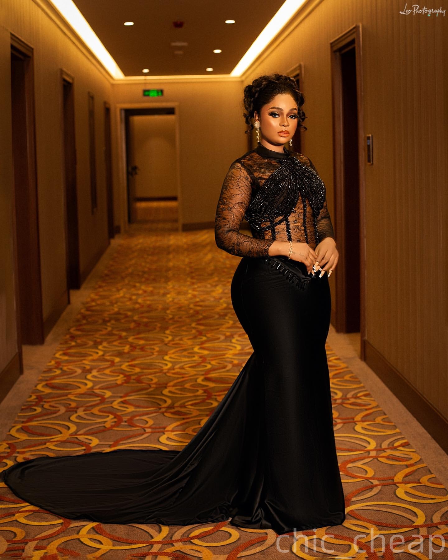 Black Mermaid Plus Size Prom Dresses 2025 Beading Lace Velvet Full Sleeves Evening Formal Party Second Birthday Engagement Gowns Dress For Special Occ