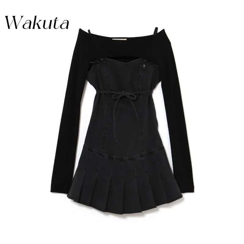 Japanese Summer Elegant U-neck Long Sleeve Slim Fit Blouse Chic Denim Camisole Dress Retro 2-piece Set