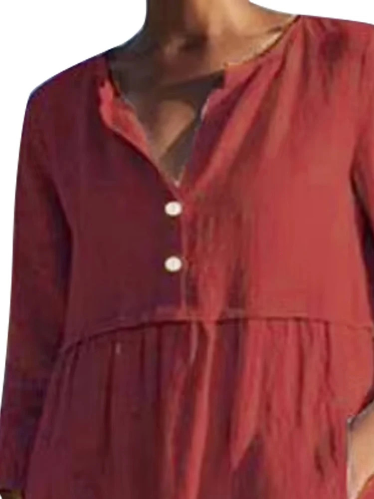 Plus Size Womens Linen Shirts Dress Fall V Neck 34 RolledUp Sleeve Pleated Soft Beach Yoga Shift with Pockets 250506