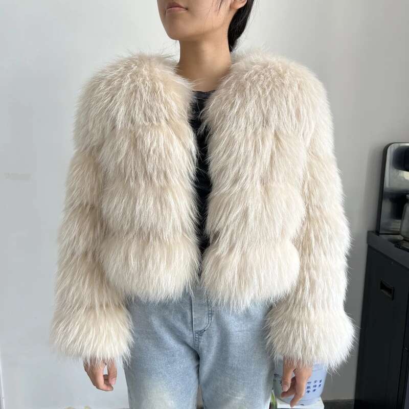 BEIZIRU Real Raccoon Fur Coat Women Winter Long Sleeve Natural Jackets Thick Top