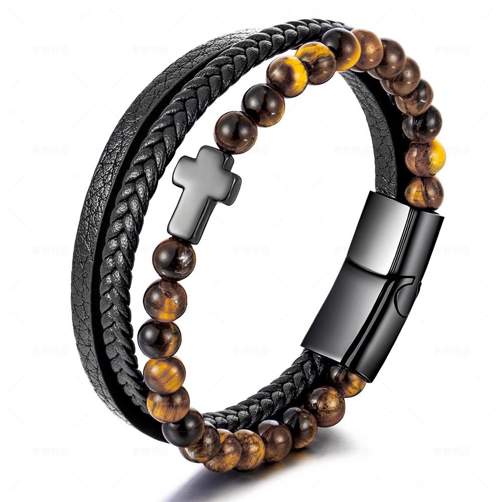 Hot-Selling Stainless Steel Natural Tiger Eye Stone Cross Bracelet for Men, Multi-Layer Braided Leather Wristband, Titanium Steel Jewelry