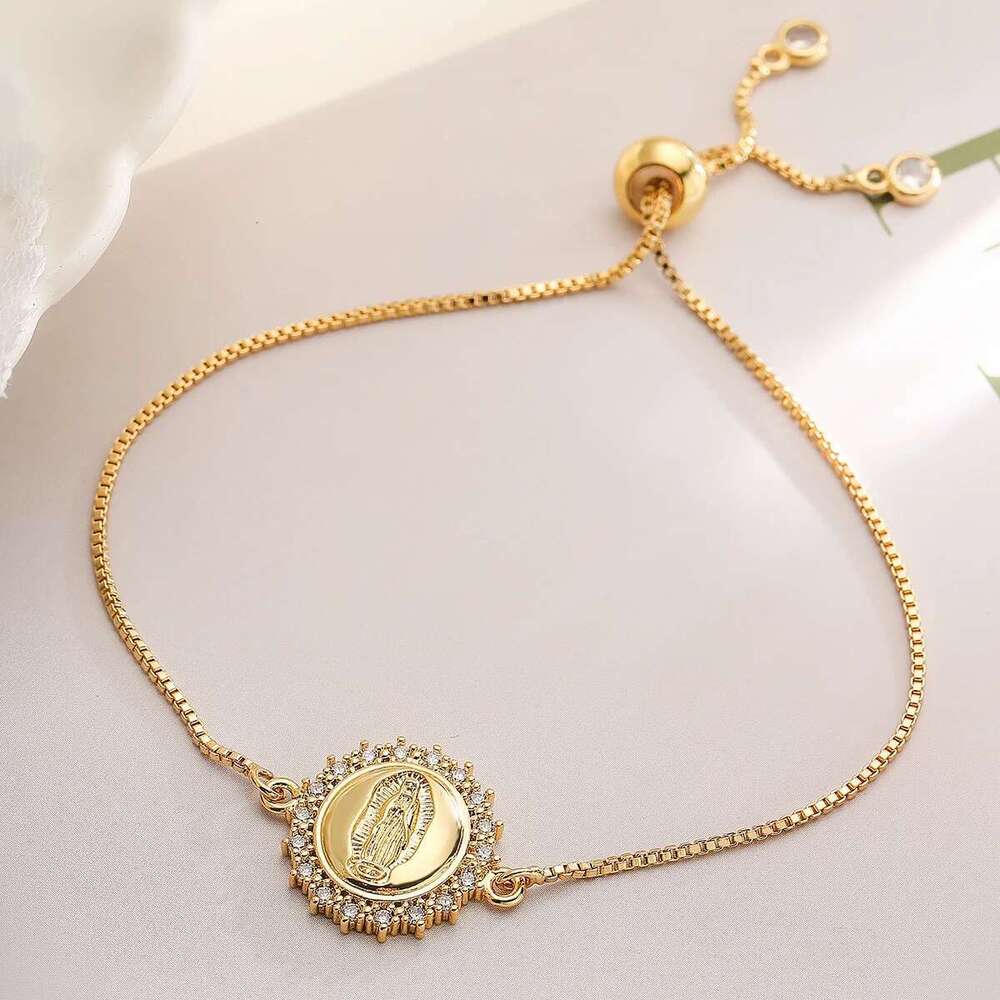 NEWBUY 2024 Fashion Gold Color Box Chain Virgin Mary Charm Bracelets For Women Shiny CZ Zircon Jewelry