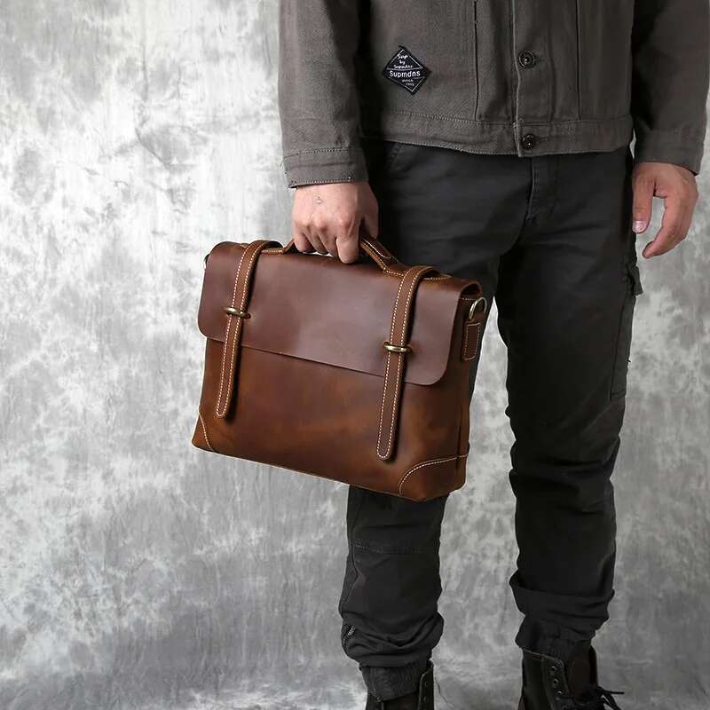 Retro Men's Handbag Top Layer Cowhide Briefcase Crazy Horse Leather Messenger Shoulder Large Capacity Computer Bag NZPJ