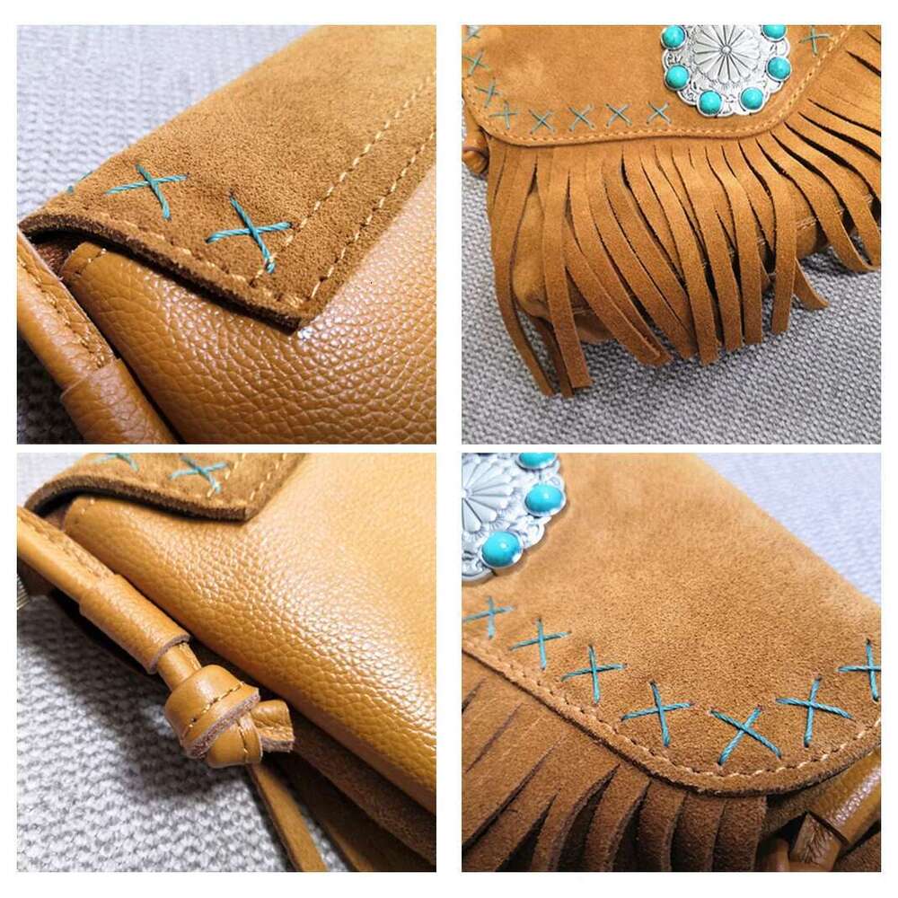 Female Genuine Leather Bohemian Gypsy Handbag 2025 Fashion Natural Suede Fringes Tribal Boho Chic Small Messenger Bag For Women