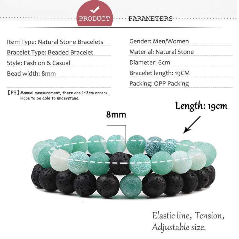 1-2Pcs Beaded Bracelets Bangles Set Natural Lava Stone Couples Distance Energy Elastic Rope Men Women Best Friend Jewelry Gift