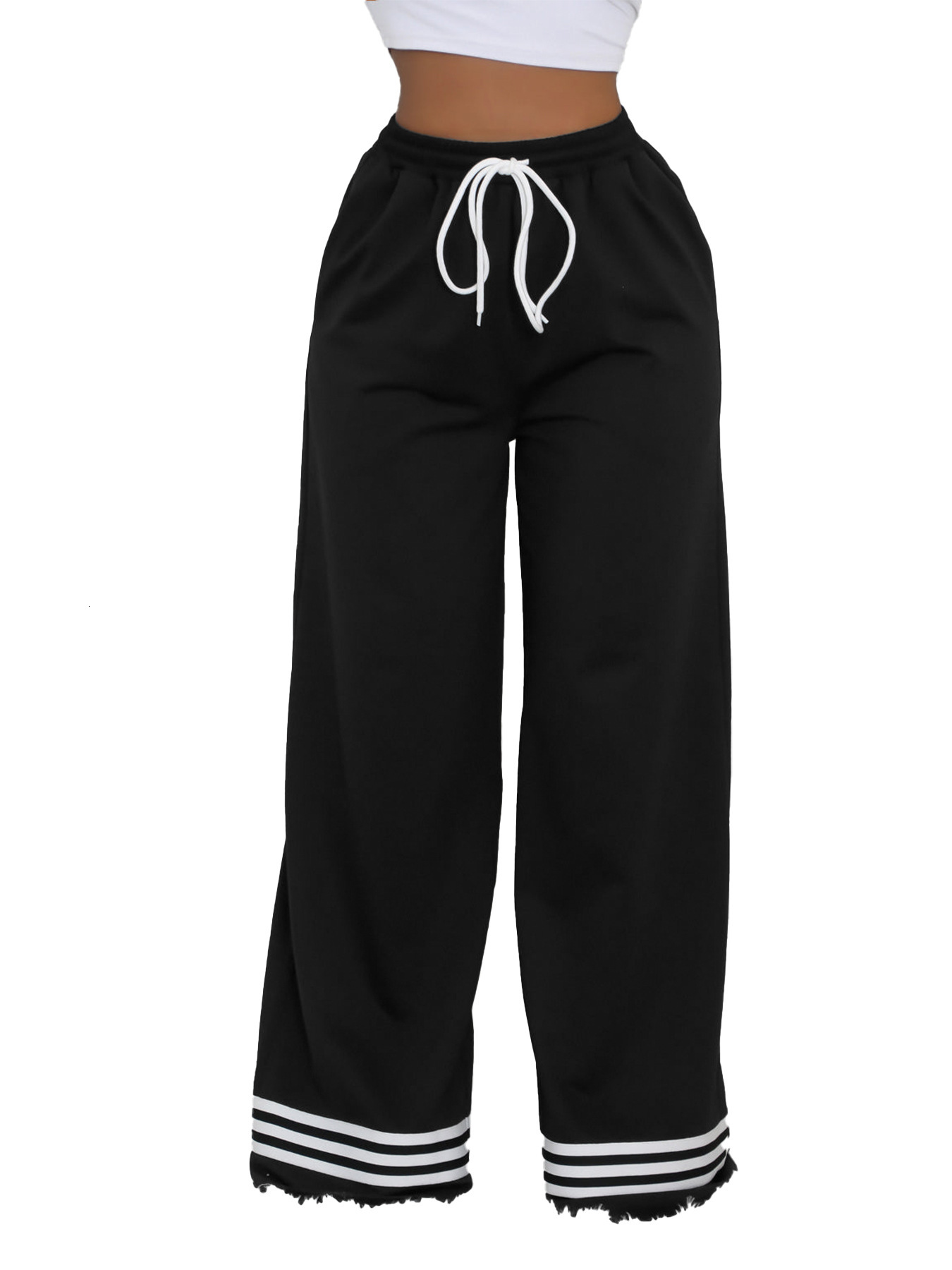 HR24052 casual womens loose fit striped contrasting pocket wide leg pants long pants