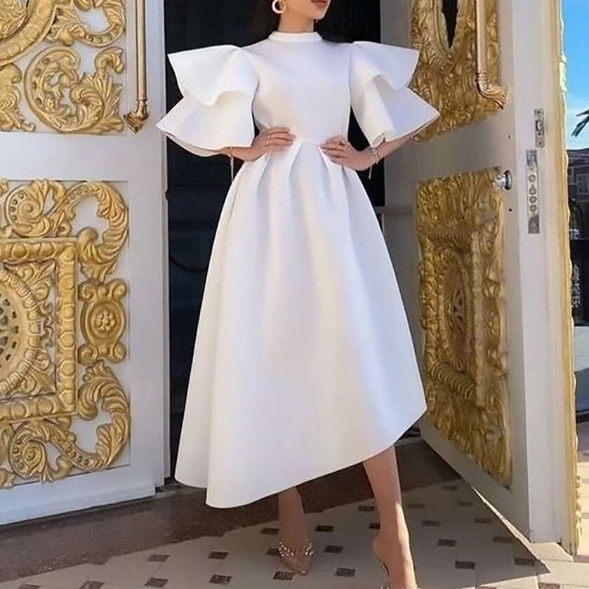Women's 2024 Summer New Double layered Lotus Leaf Sleeve Solid Color Banquet Dress