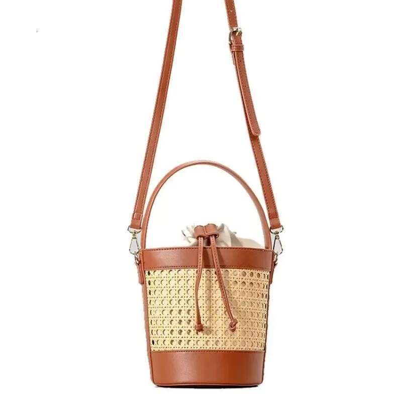 Fashion Bucket Hollowed Out Woven Women's PU Leather Shoulder Crossbody Bag, Handbag, Summer Vacation Beach Bag