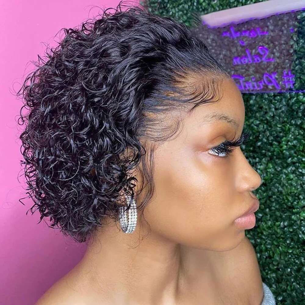 Pixie Cut Colored Lace Spring Curl Short Bob For Women Natural Black Color Human Hair Cheap Wig 13X1