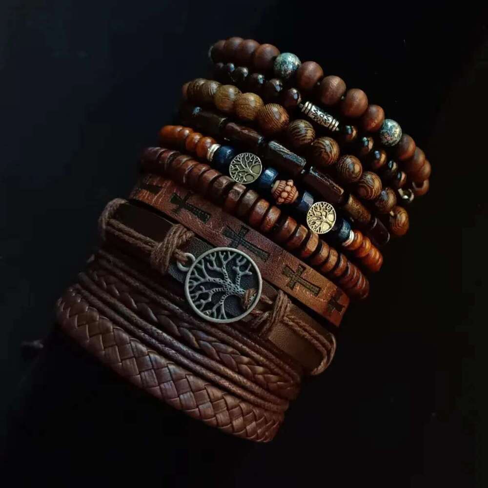 Khaki Tree 10 Pcs/Set Black Wrap Woven Fashion Handmade Male Women Leather Bracelets Men Bangle Wholesale Jewelry