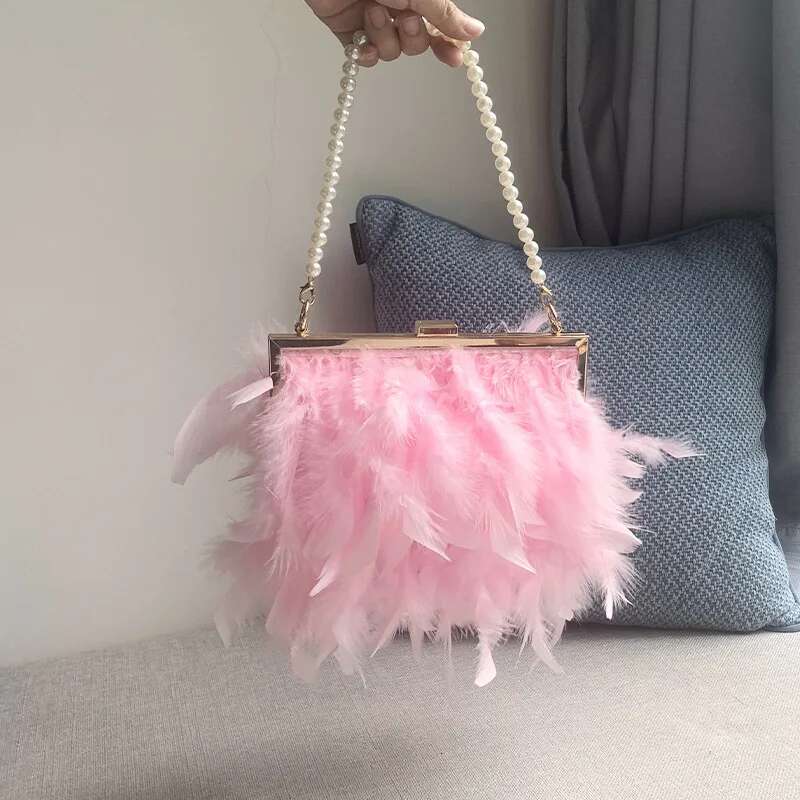 Fashion Turkey With Pearls Handles Handbag Clutch Designer Woman Faux Fur Crossbody Shoulder Feather Bridal Bag