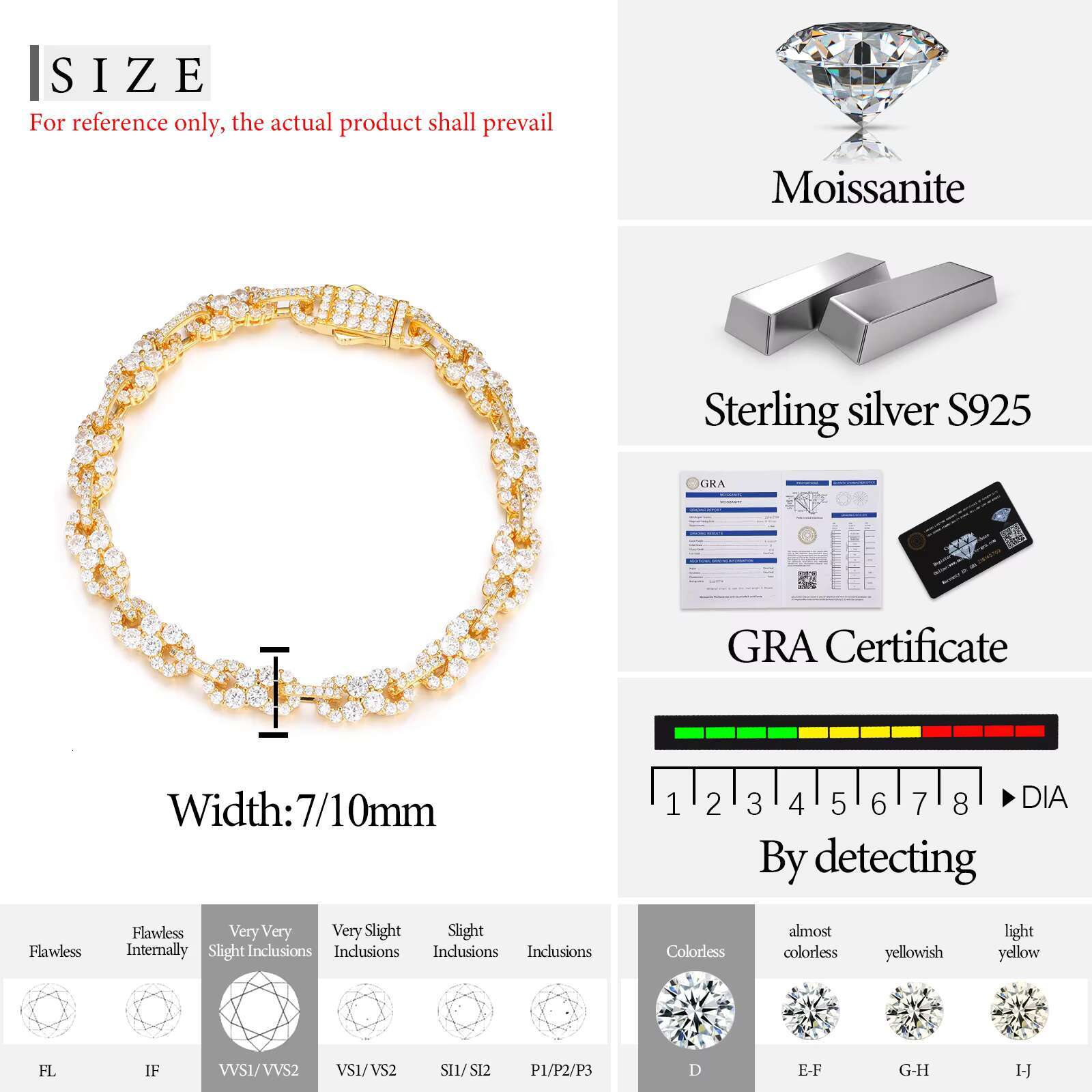 In Stock With Certificate Iced Out Jewelry 7mm Sterling Sier VVS Moissanite Dia Infinity Cuban Link Chain Bracelet