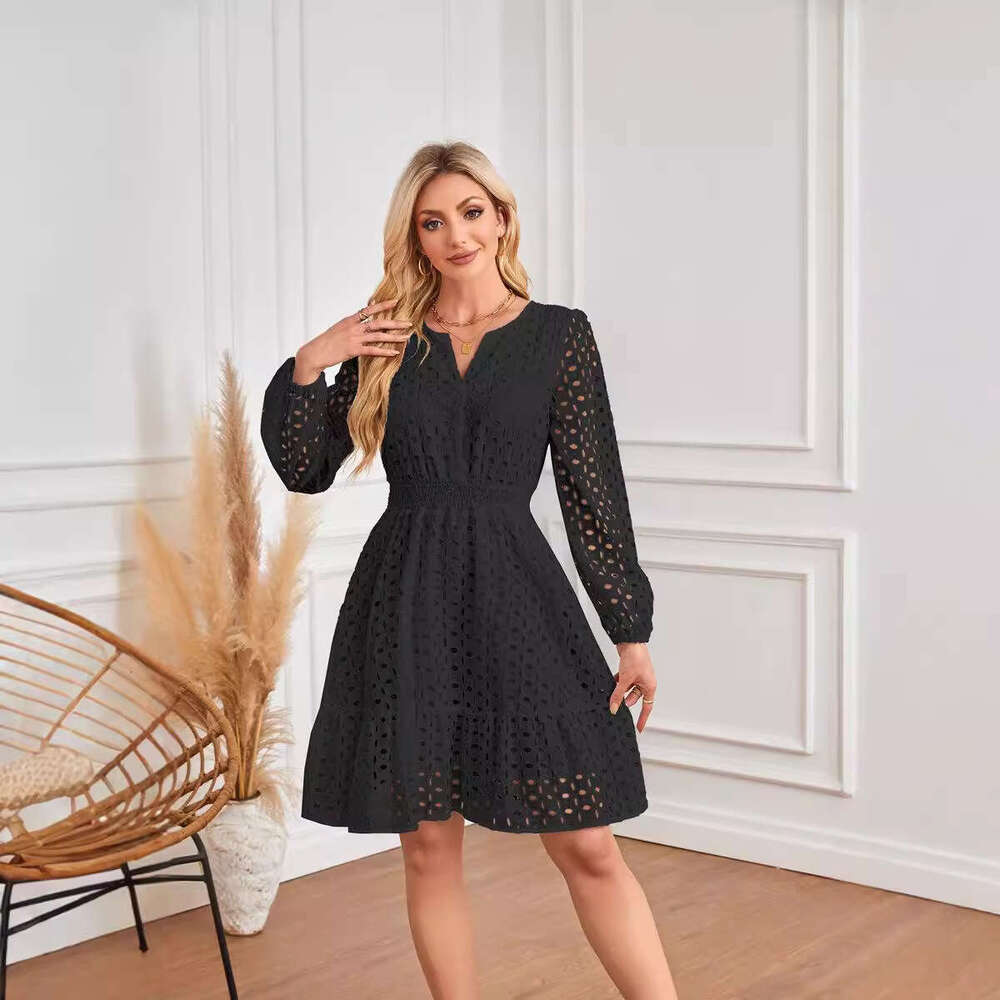 White Dress Maxi Dress 2024 Women's V-Neck Hollowed Out Eyelets Embroidered Pleated Long Sleeved Dress KQ