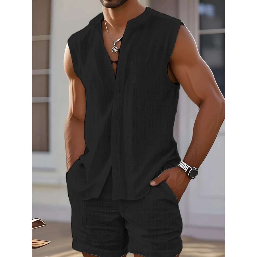2025 summer new men's casual sports vest shirt fashion loose comfortable outdoor sleeveless shorts beach two sets