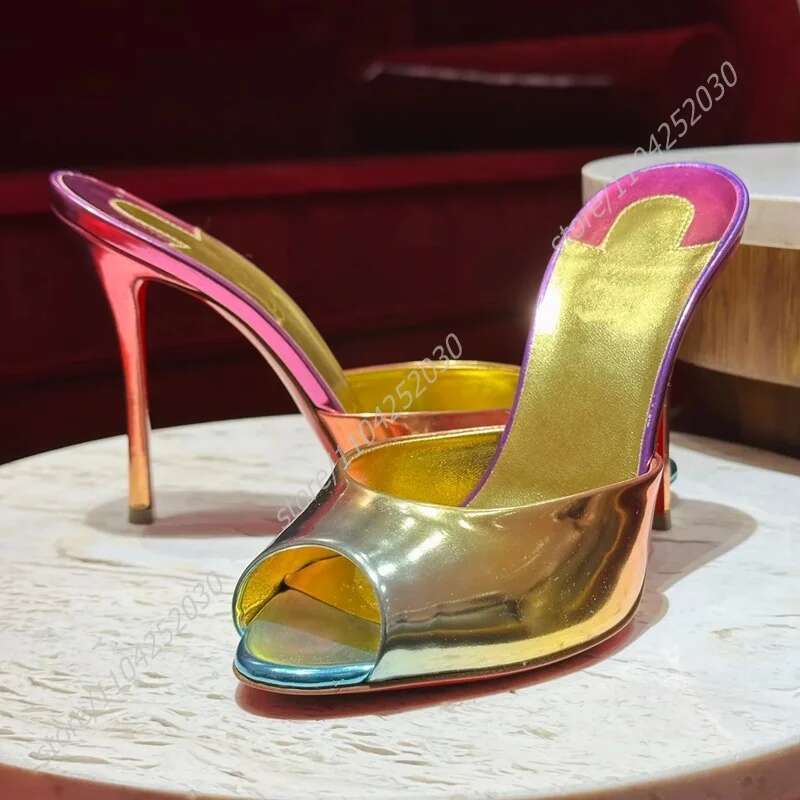 Rainbow Patent Gradient Peep Toe Heels Girls Cute Slippers Slingback Open Sandals Gold Leather Mirror Sexy Women Shoes