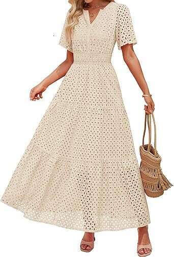 White Dress Maxi Dress 2025 Women's V-Neck Hollow Hole Pleated Short Sleeved Long Dress KQ