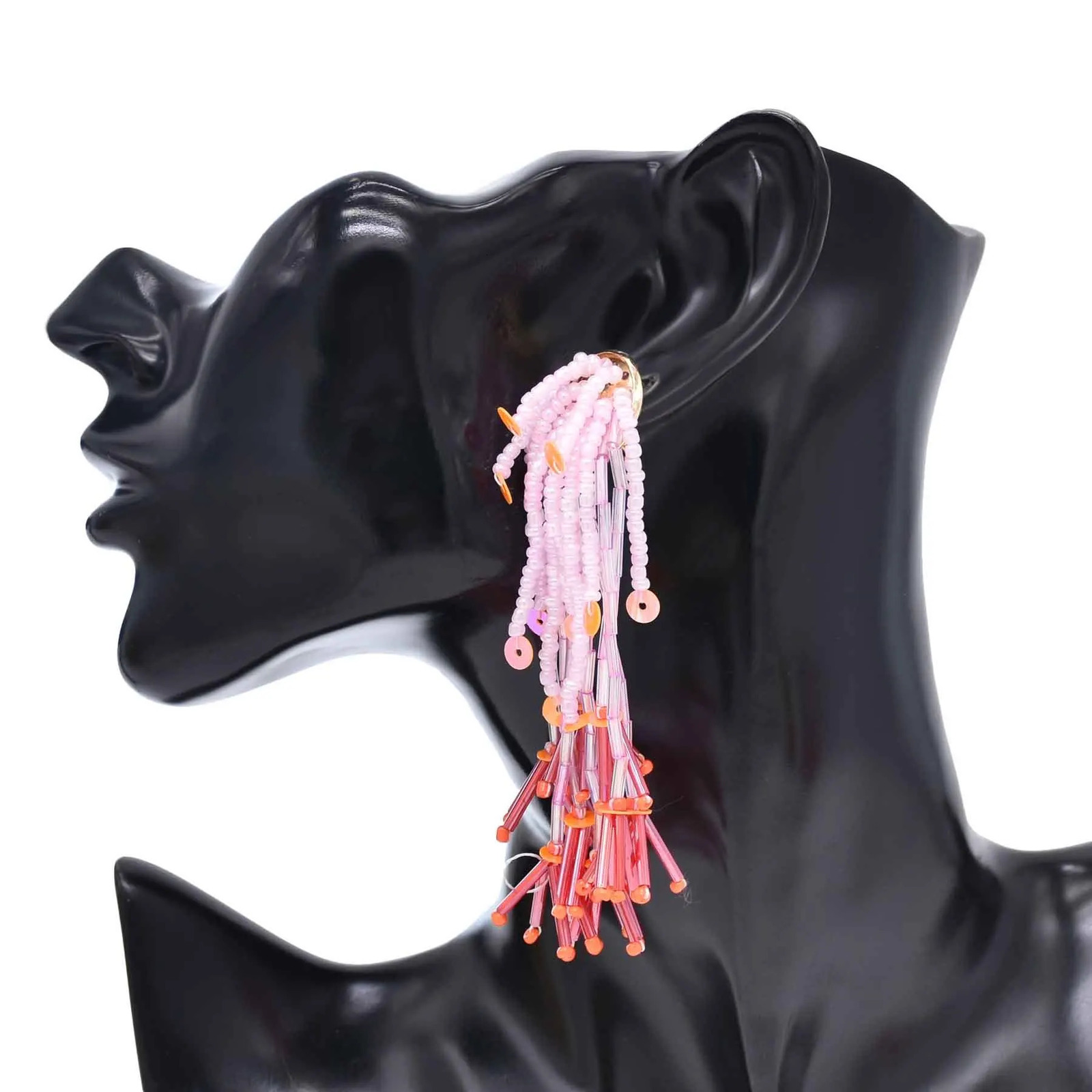 European and American exaggerated hand-beaded rice beads tassel earrings bohemian long vacation style beads earrings for women 250514