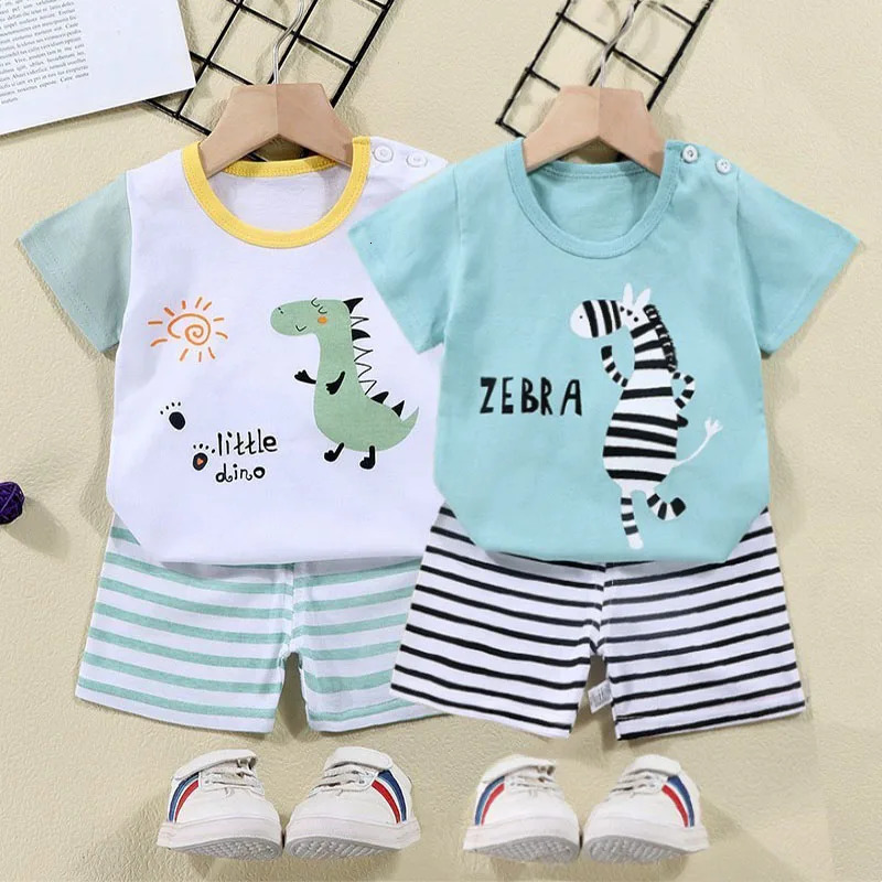 Cotton TeesShorts 2-piece Tracksuit Set Kid Cartoon Zebra Dinosaur Print Summer Suit Children Boys Girls Baby 1-6 Years Clothes 250515