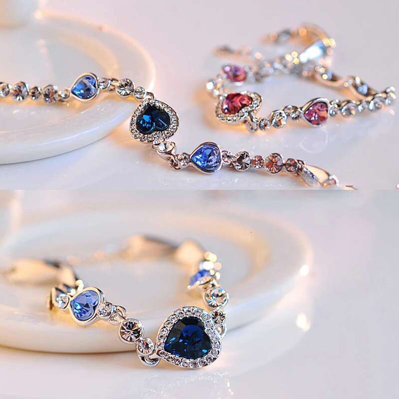New Lucky For Female Blue Crystal Heart Charm Bracelet Women Bridal Wedding Engagement Fine Jewelry Gift