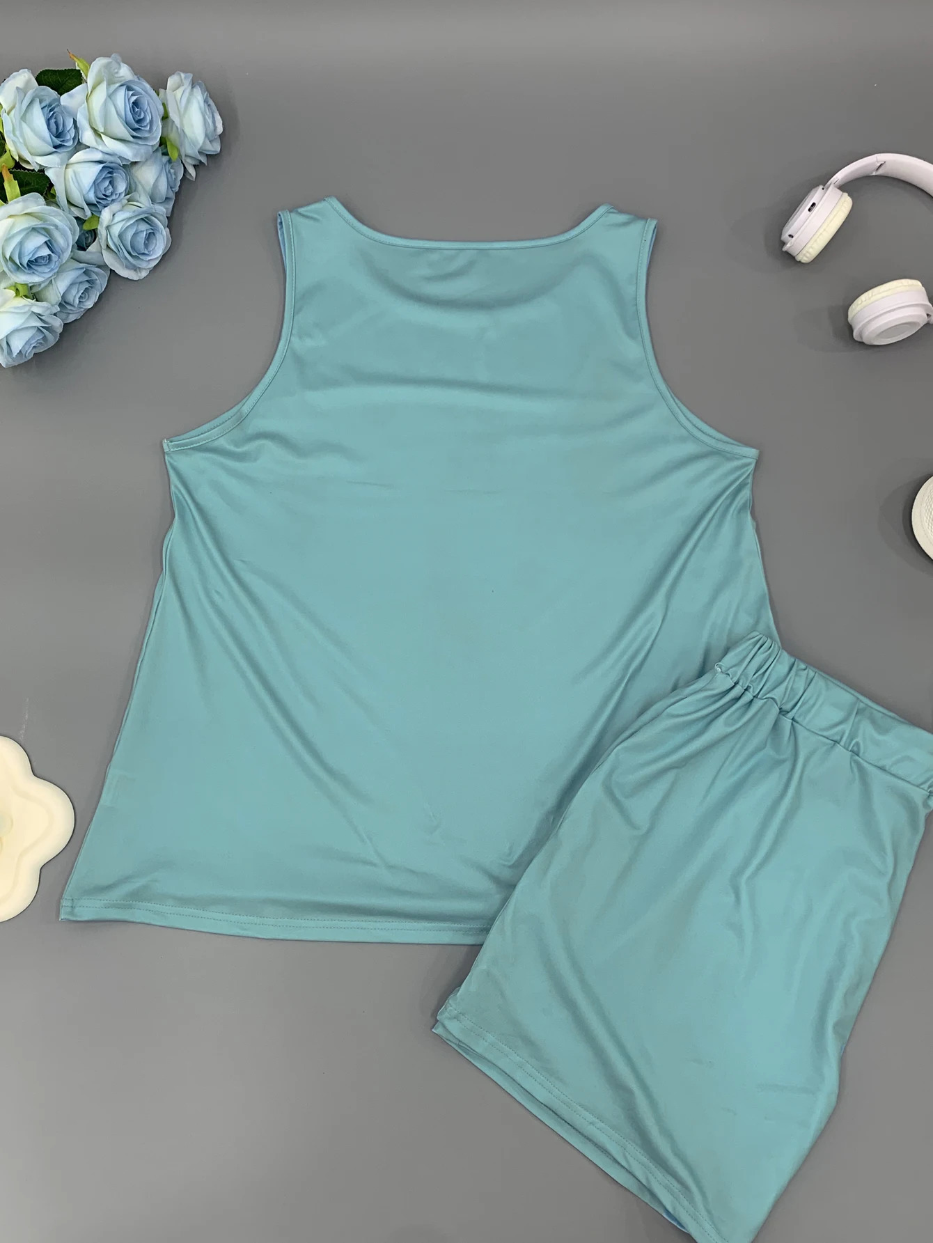Plus size elegant sleeveless printed top sleeveless top drawstring shorts casual versatile vest shorts set 250514