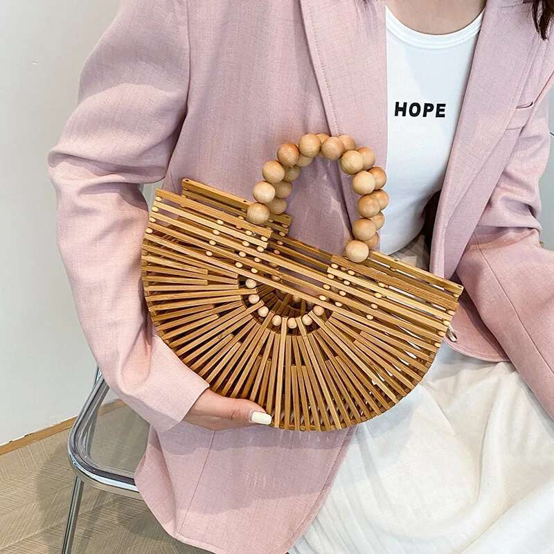 Semicircle Bamboo Designer Shoulder Summer Beach Pearl Handle Women Shopping Handbag Rattan Tote Bag Purse