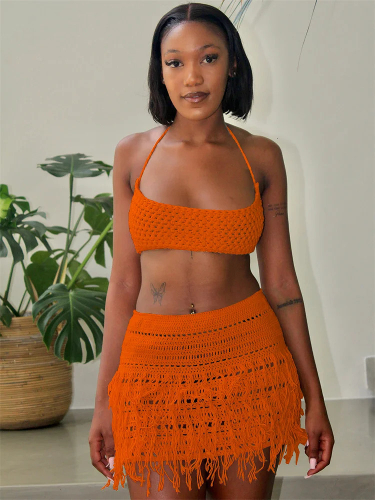 Weird Puss Knit 2 Piece Sets Woman Summer Sexy Backless Bandage Halter CamisoleTassel Skirts Party Skinny Matching Clubwear 250515