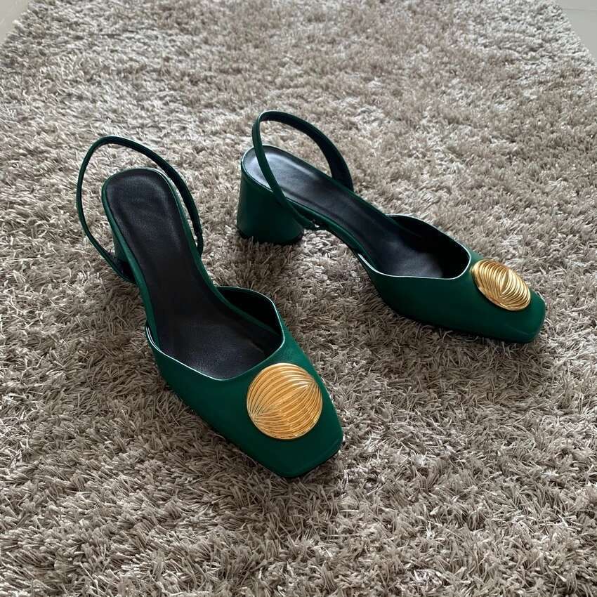 Green High For Women 2024 Fashion Squared Toe Leather Slingbacks Pumps Elegant Lady Heeled Shoes Autumn Heels