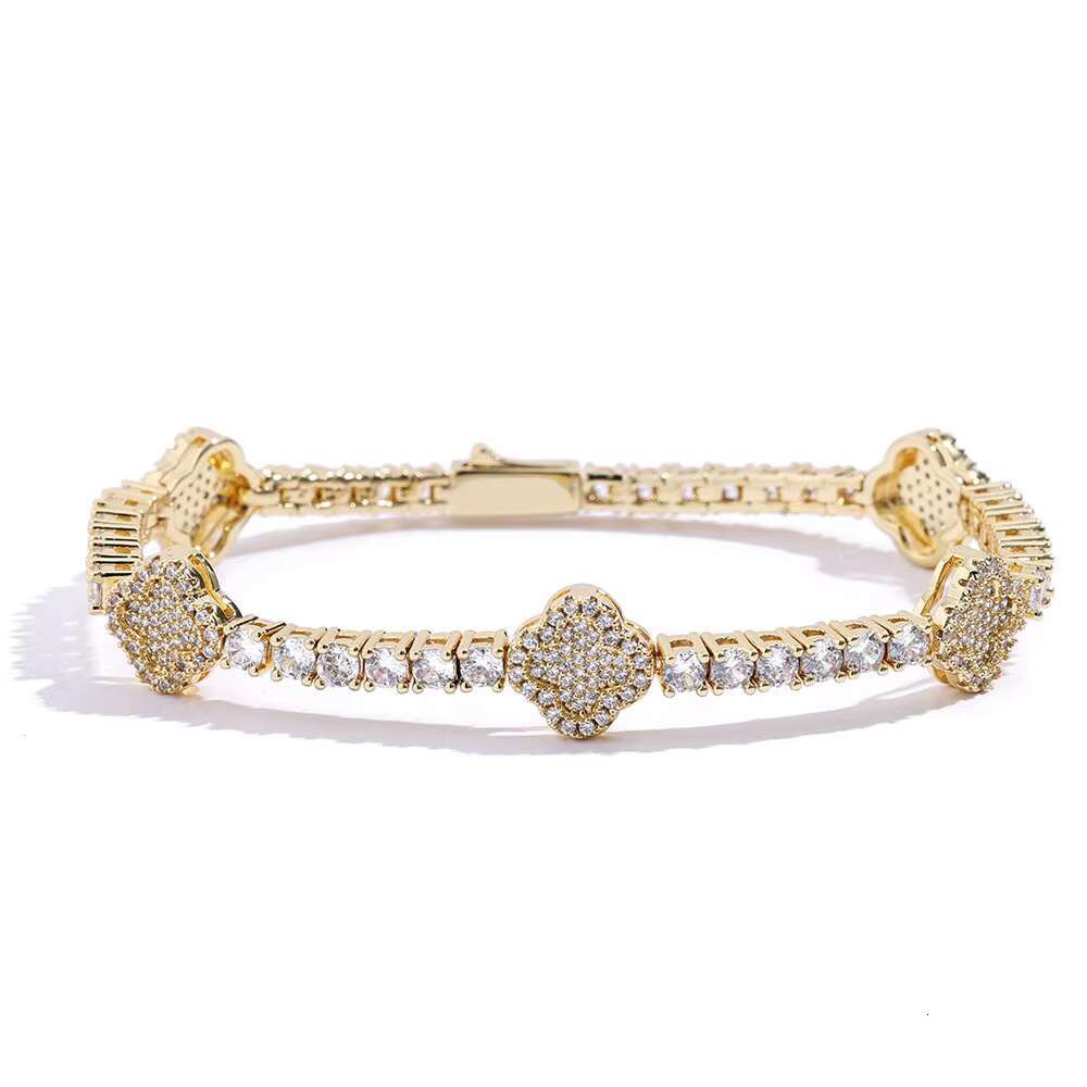 S925 Silver Moissanite Four Leaf Clover Tennis Chain Men Hip Hop Bracelet Fashion Bangles