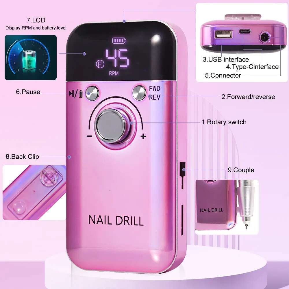 45000RPM Electric Drill hine Professional Drills for Gel Nails Polish Rechargeable Portable Nail File Manicure Tool
